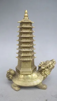 25CM feng shui Chino dragón tortuga colección en la torre de la pagoda de la estatua de bronce