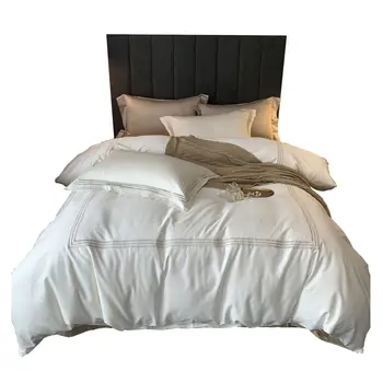 60 color puro algodón bordado de cuatro piezas juego de cama funda de edredón con cierre de botón en la hoja de hotel de cinco estrellas casa blanca