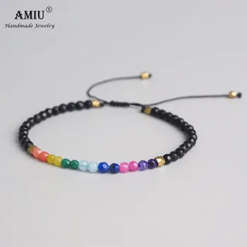 AMIU 7 Colores de la Suerte Chakra de la Piedra Natural Simple Pulsera de Perlas Pulsera Ajustable Naturales de Cristal de Bohemia Brazaletes de Oración