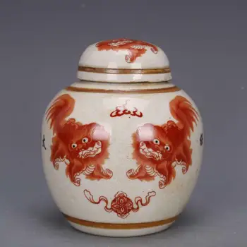Chino de porcelana antigua Pastel león pintura de porcelana Bote tanque de Almacenamiento de envases de vidrio y tapas