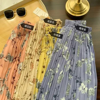 De verano de la Flor-impreso Gasa Plisada Faldas para las Mujeres con Cintura Elástica Elegante Una línea de Falda 8Z