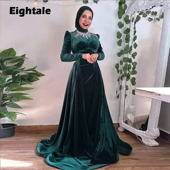 Eightale Musulmán árabe Vestidos de Noche con Cuentas de manga Larga Karakou de Terciopelo de Sirena de Baile Vestido de Fiesta Vestidos de fiesta con Falda Desmontable