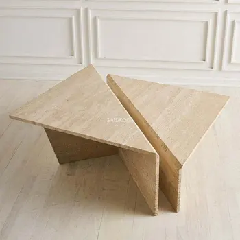 Italiano de estilo minimalista, creativo triángulo combinación moderna sala de estar mármol natural personalizado travertino mesas de café
