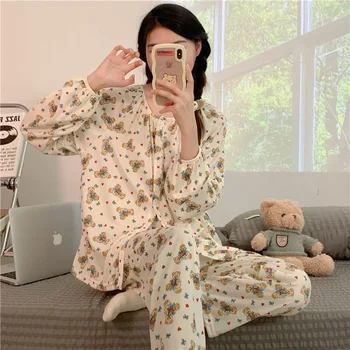 Lindos Osos de Algodón de Otoño en Primavera Suave de la Mujer Conjunto de Pijama de Manga Larga Pijamas de la Moda de Impresión de dibujos animados ropa de dormir para las Niñas