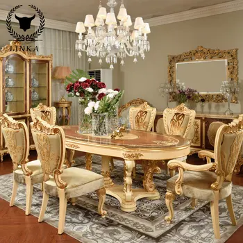 Personalizado de estilo Europeo de lujo mesas de comedor y sillas de alto grado de madera maciza tallada a mano laterales de los gabinetes