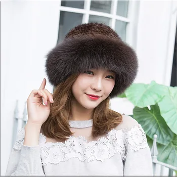Real nuevo de visón sombrero tejido natural puro de la fox pelo del pescador sombrero caliente del invierno de la moda de las mujeres de piel de zorro de piel de visón sombrero