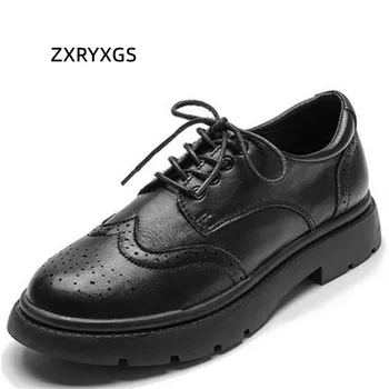 ZXRYXGS 2023 Nuevo Negro Marrón cordones de Cuero Genuino Zapatos Planos antideslizantes Británico Retro Zapatos de cordones Transpirable Zapatos Mocasines