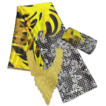3 PCS Africana de Seda de Tela de Raso Tul Y Bufanda de Cuello de Alta Calidad Africano de Nigeria Tela de Encaje Para las Mujeres Vestido de 4+2 Yardas