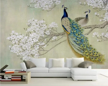 beibehang Foto fondo de pantalla en 3d de papel de parede Chino de tela dormitorio TV telón de fondo pájaro del pavo real del gran mural de magnolia fondo de pantalla
