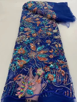 de lujo africanos de encaje de telas de alta calidad 2023 bordado de tul de 5 metros de la malla de brillo de lentejuelas vestidos de fiesta de color púrpura venta flash