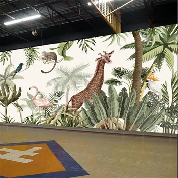 El Bosque Tropical Animal Interior Mural de papel pintado 3D Jirafa Flamingo Mono Restaurante Pared de la Habitación de Papel Papel De Parede 3d