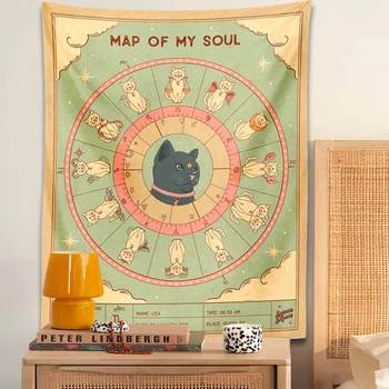 Gato Tapiz mapa de mi alma tarot de la Constelación de la Rueda del Zodiaco de la Astrología Gráfico retro Bohemio de la Sala de estar de la Casa de Dormitorio de la Decoración