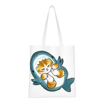 Impresión Linda Del Anime De Dibujos Animados Animales Tiburón Gato De Compras De Bolsos De Lona Resistente Comprador De Hombro Bolso De Mano