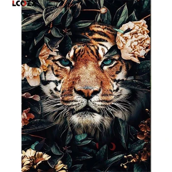 Leopardo de la Flor de los Animales de BRICOLAJE 11CT de punto de Cruz Bordado Kits de Costura Artesanal Conjunto Impreso en Lienzo de Algodón de Hilo a Casa Habitación