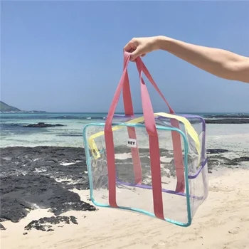 PVC transparente de playa, bolso impermeable de la piscina de bolsas de viaje cosméticos organizador de la bolsa de almacenamiento de grandes claros de hombro bolso de mano