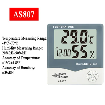 SMART SENSOR AS807 Temperatura Humedad Medidor de Piscina al aire libre Higrómetro Termómetro LCD de Visualización de Calendario y Reloj de Alarma